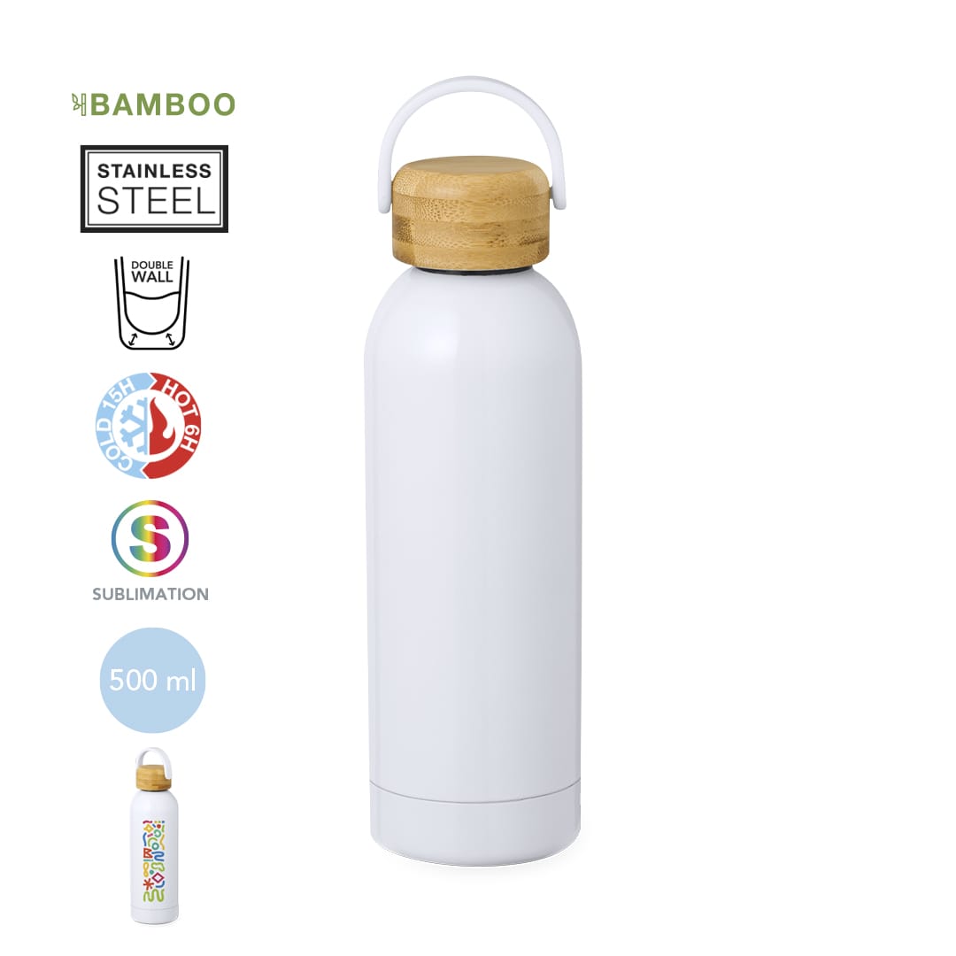 A drink bottle made of stainless steel with a bamboo lid, featuring a sleek white design. Includes a logo. Jano Sublimation Insulated Bottle - Image 1