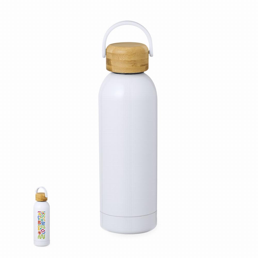 A drink bottle in white with a bamboo lid and a small bottle beside it. The larger bottle features a logo. Jano - Image 1