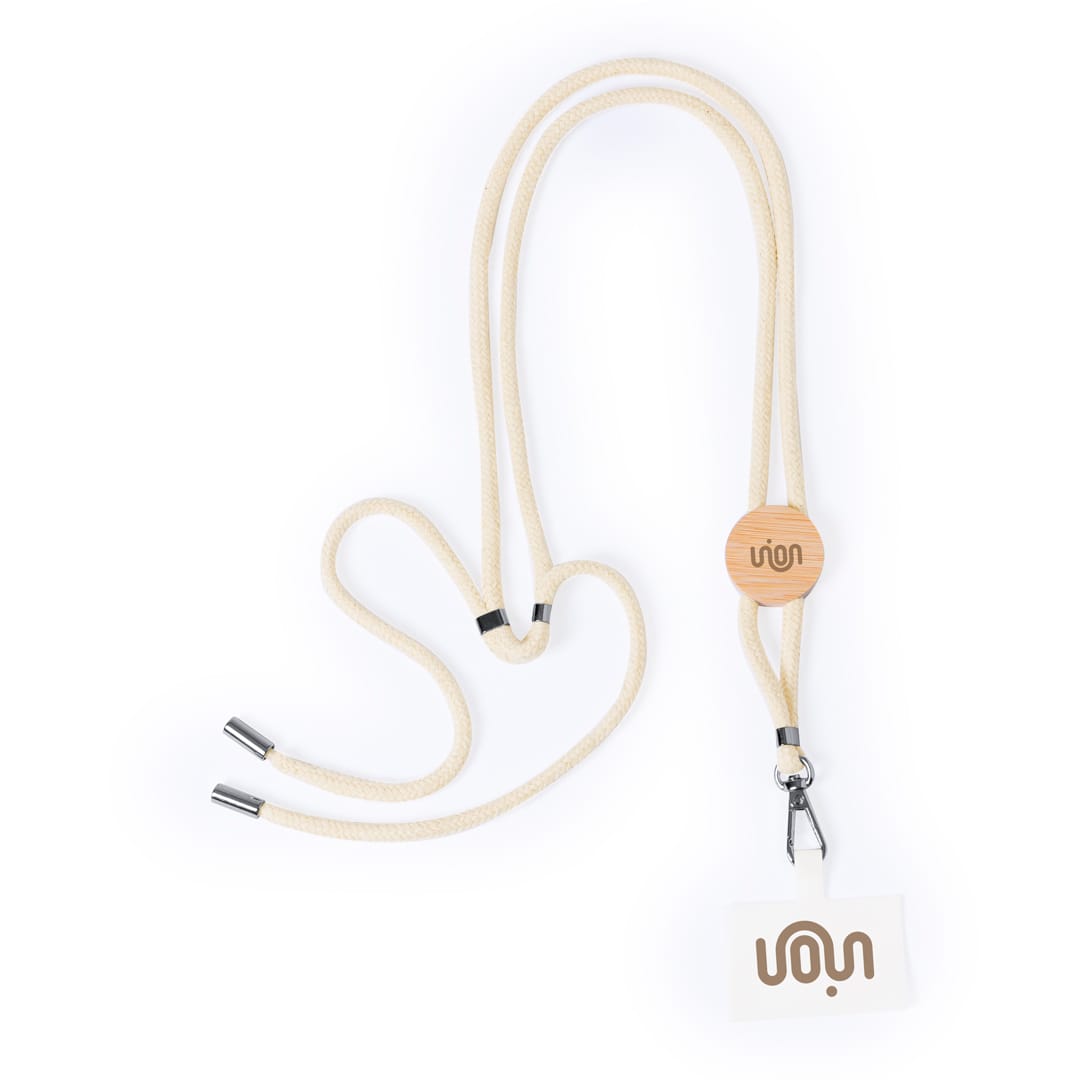 A cream lanyard made of rope with metal tips and a wooden logo holder, designed for holding ID cards or badges. Reuter Holder Lanyard - Image 1