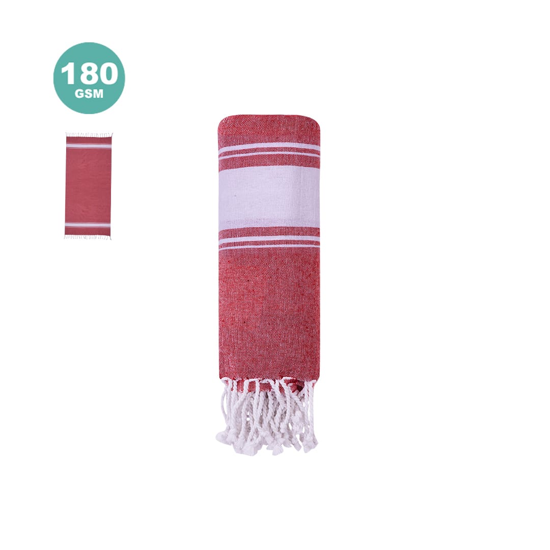 A folded red towel pareo with white stripes and fringing, featuring a logo in the top corner. Botari Towel Pareo - Image 1