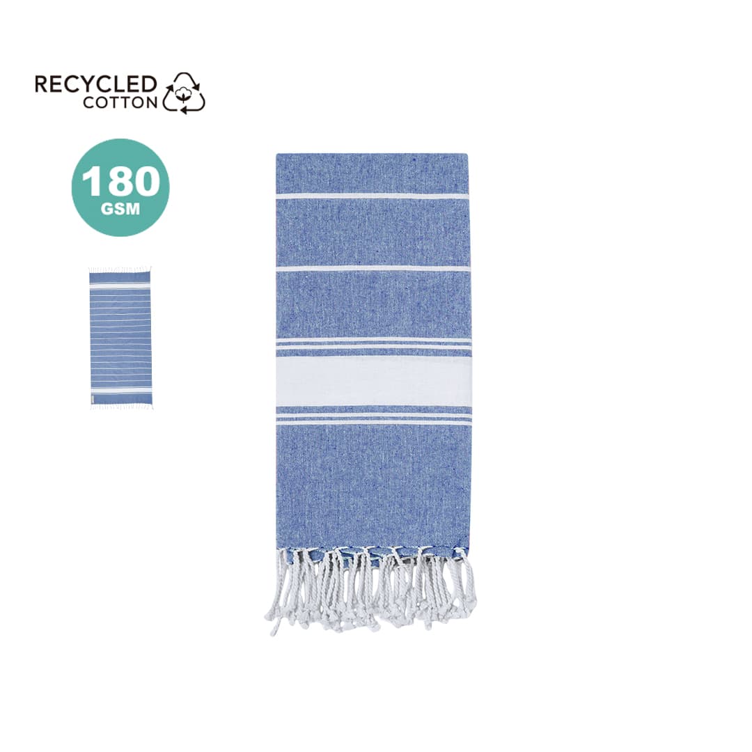 A blue and white striped towel made from recycled cotton, featuring fringe edges and branding. Lainen Towel Pareo - Image 1