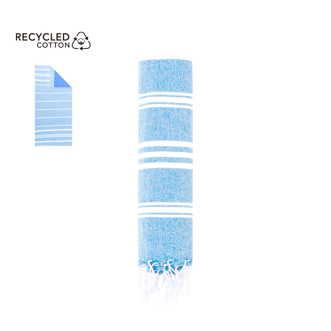 A blue and white striped beach towel made from recycled cotton, featuring a fringed edge. Harlow - Image 1