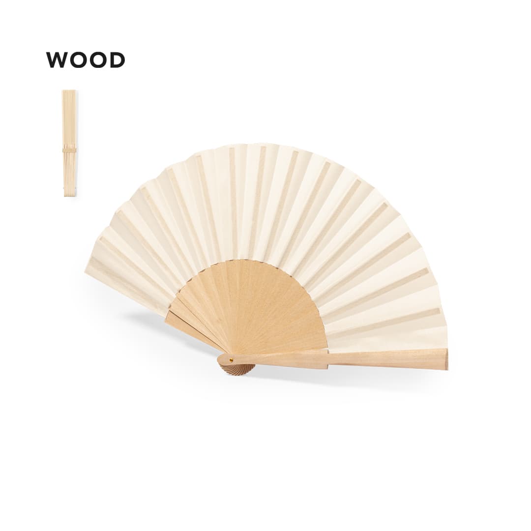 A wooden hand fan with cream-coloured fabric, featuring a natural wood base and a compact design. Sayiri Hand Fan - Image 1