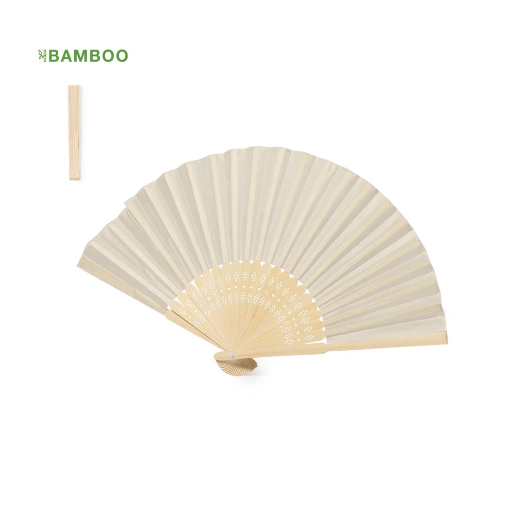 A bamboo hand fan in a neutral cream colour, elegantly fanned open with intricate cut-out patterns and a matching handle. Claren Hand Fan - Image 1