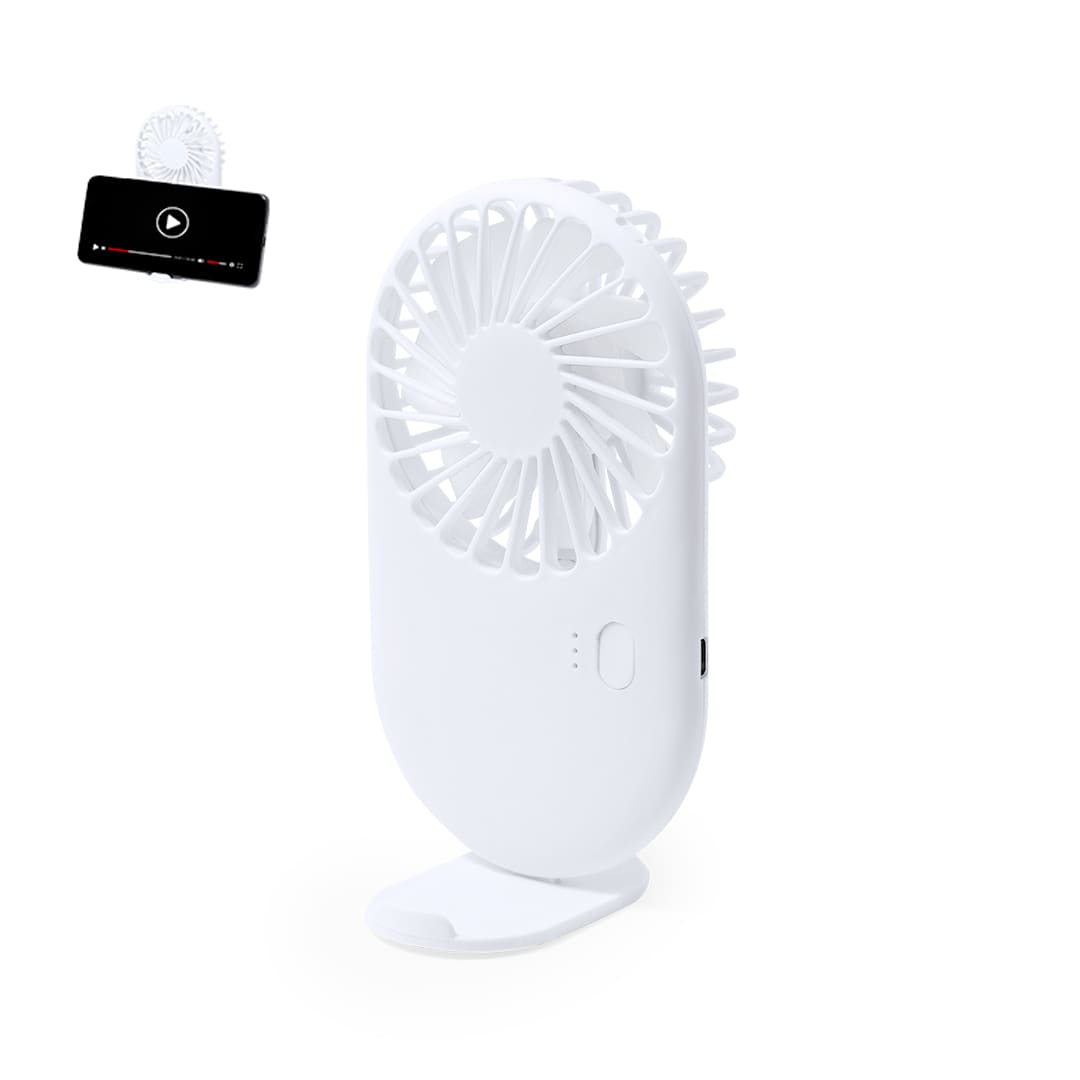 A white portable fan with a stand and a power button, featuring a logo on the side. Fanger Holder Fan - Image 1