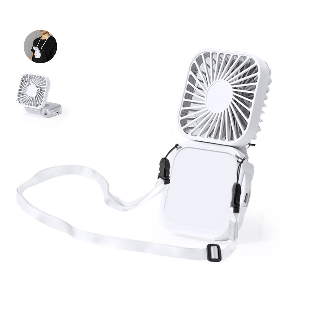 A portable white fan with a strap, featuring a geometric design and a compact base. Includes a logo on the product. Benard FAn - Image 1