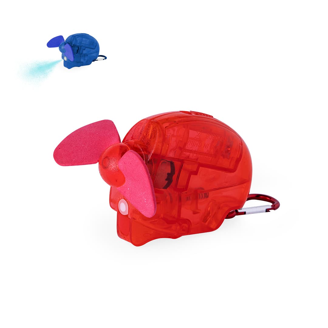 A red skull-shaped vaporizer fan with pink propellers, attached to a carabiner, featuring a logo. Bluco Vaporizer Fan - Image 1