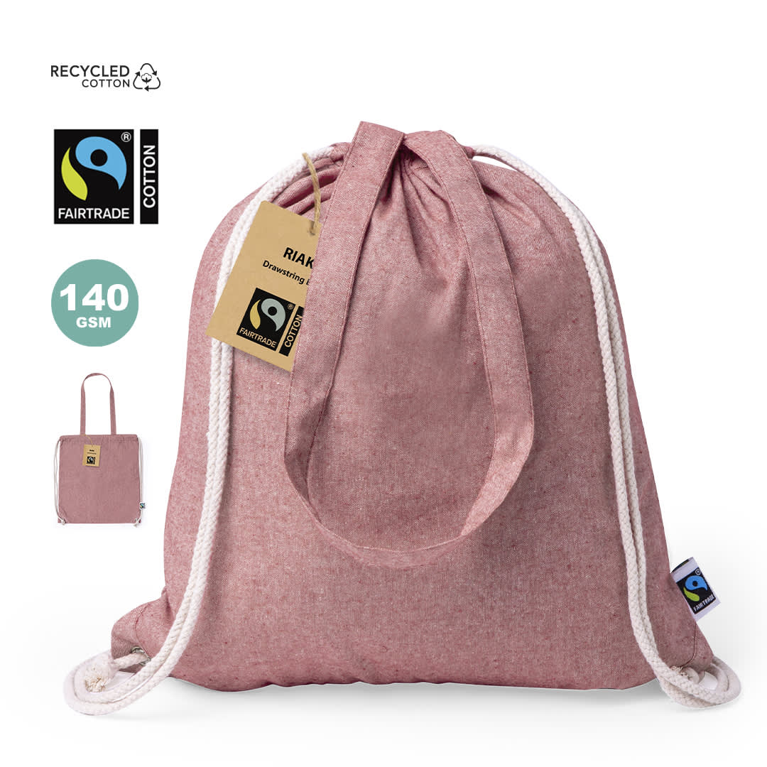 A pink drawstring bag made from recycled cotton with a logo and adjustable rope drawstrings. Riak Fairtrade Drawstring Bag - Image 1