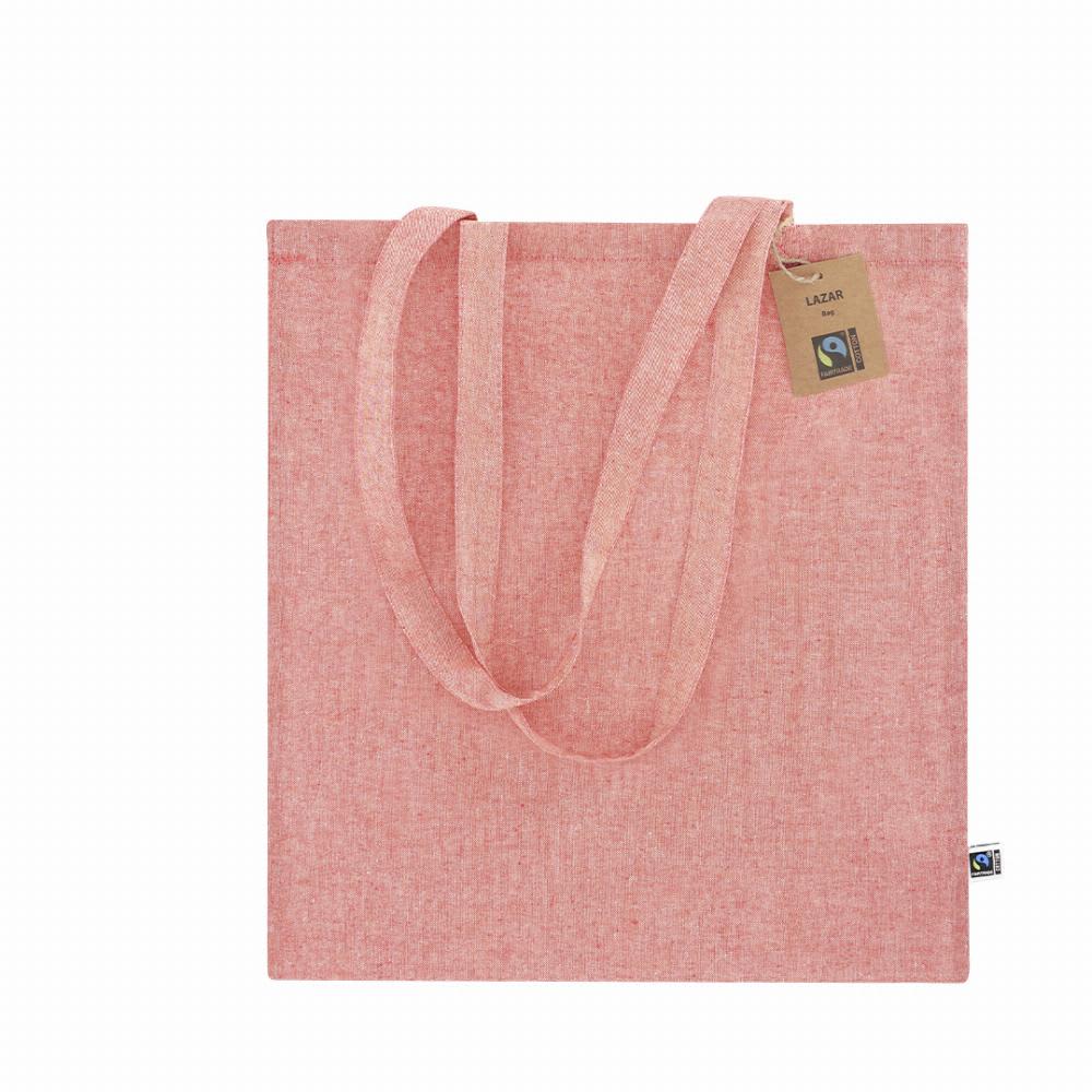 A pink linen tote bag with two handles and a tag. It features a Fairtrade logo badge. Lazar Fairtrade - Image 1