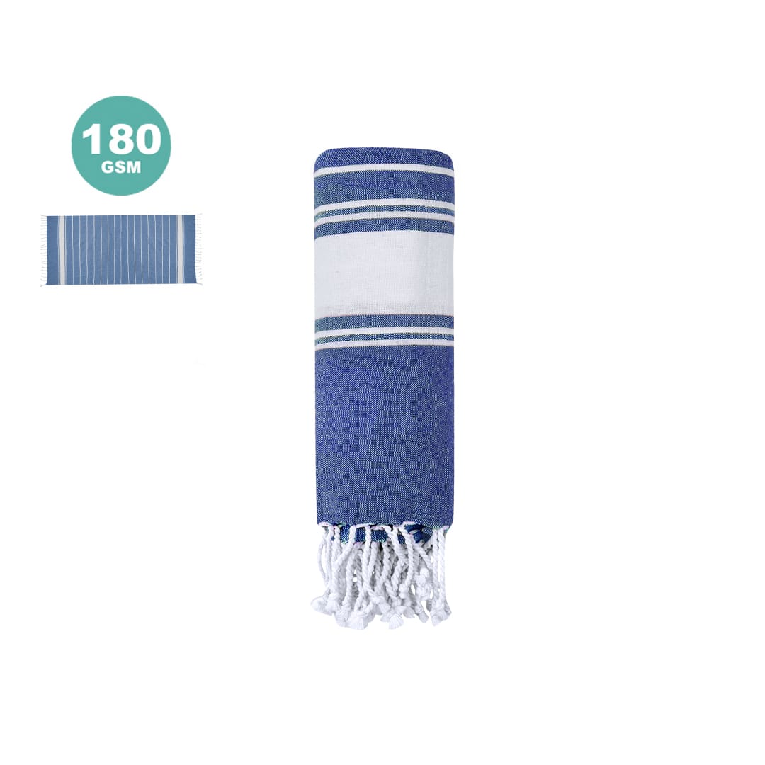 A blue and white striped towel wrapped up with fringed ends, featuring a logo. 180 GSM quality fabric. Donell Towel Pareo - Image 1