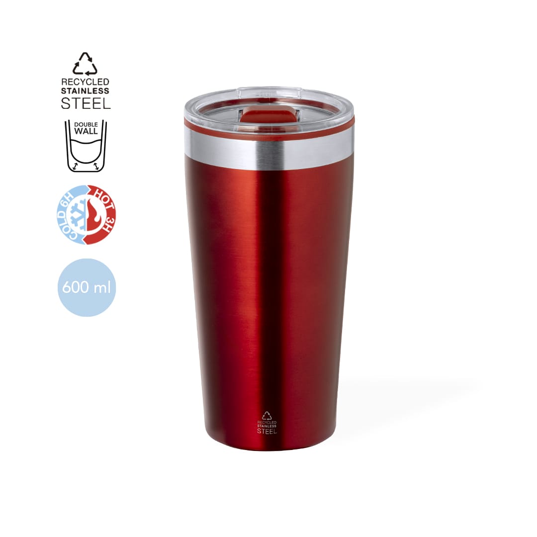 A drink bottle with a red stainless steel exterior, double wall insulation, and a clear lid, holding 600 ml. Dione Insulated Cup - Image 1