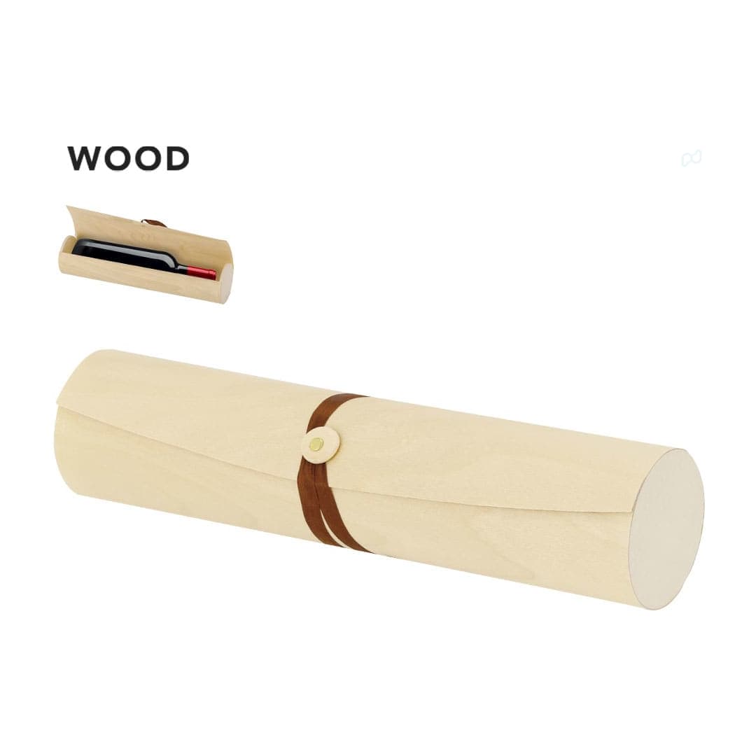 A wooden cylinder pen case in cream colour, featuring a button closure and brown strap, with pens visible inside. Majan Gift Box - Image 1