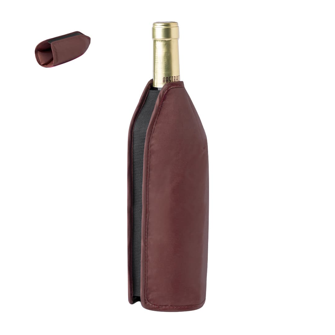 A drink bottle in a burgundy cover with a black interior, featuring a logo. Boreas Bottle Cooler - Image 1