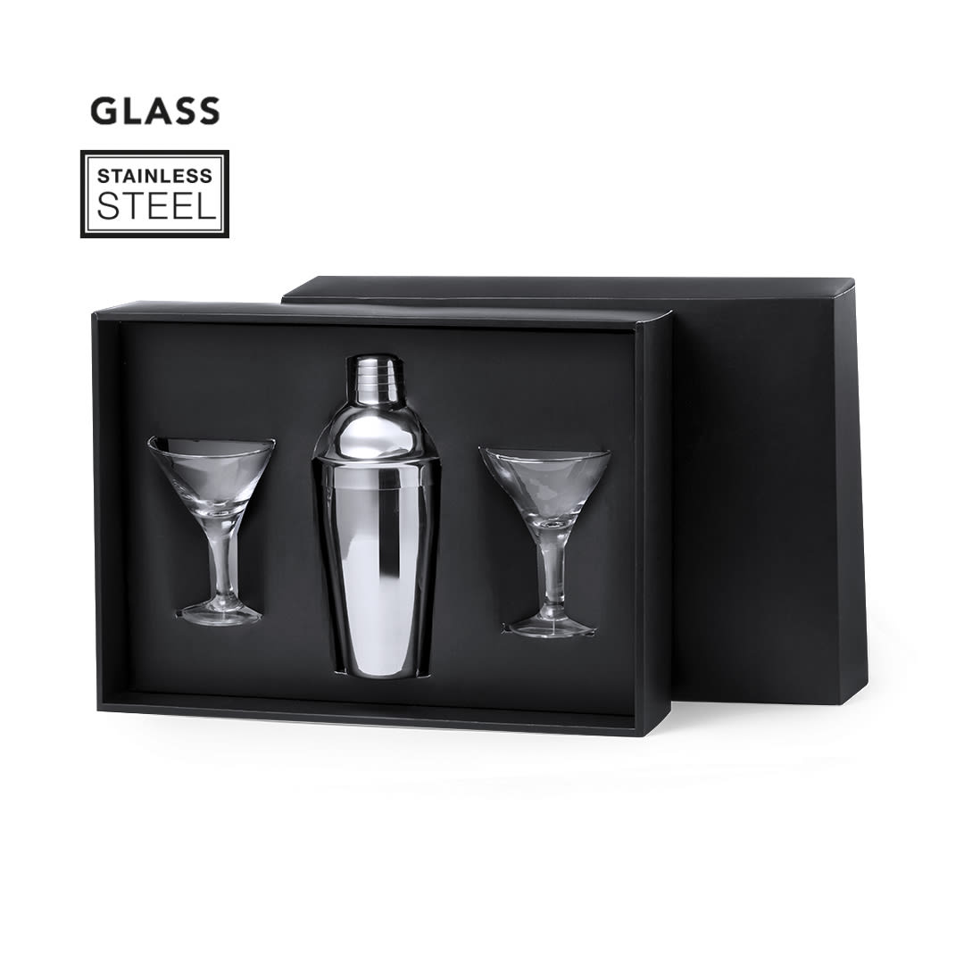 A stainless steel cocktail shaker with two glass martini glasses in a black gift box. Cefiro Cocktail Set - Image 1
