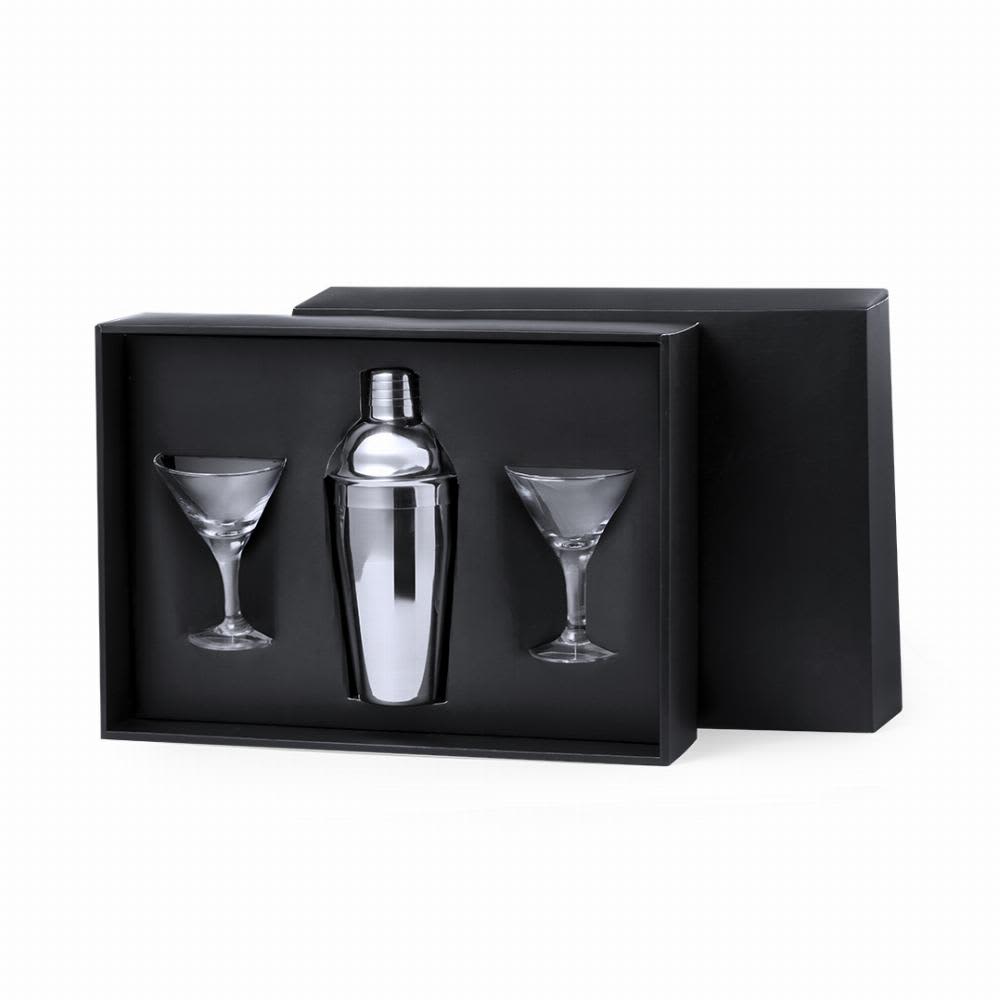 A drink bottle set featuring a silver cocktail shaker and two clear martini glasses, presented in a black box. Cefiro - Image 1