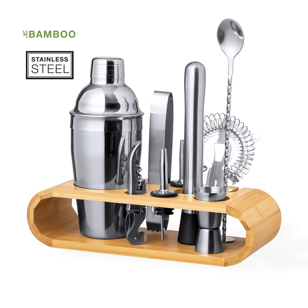 A cocktail shaker set featuring stainless steel tools and a bamboo stand, showcasing various barware utensils. Hunton Cocktail Set - Image 1