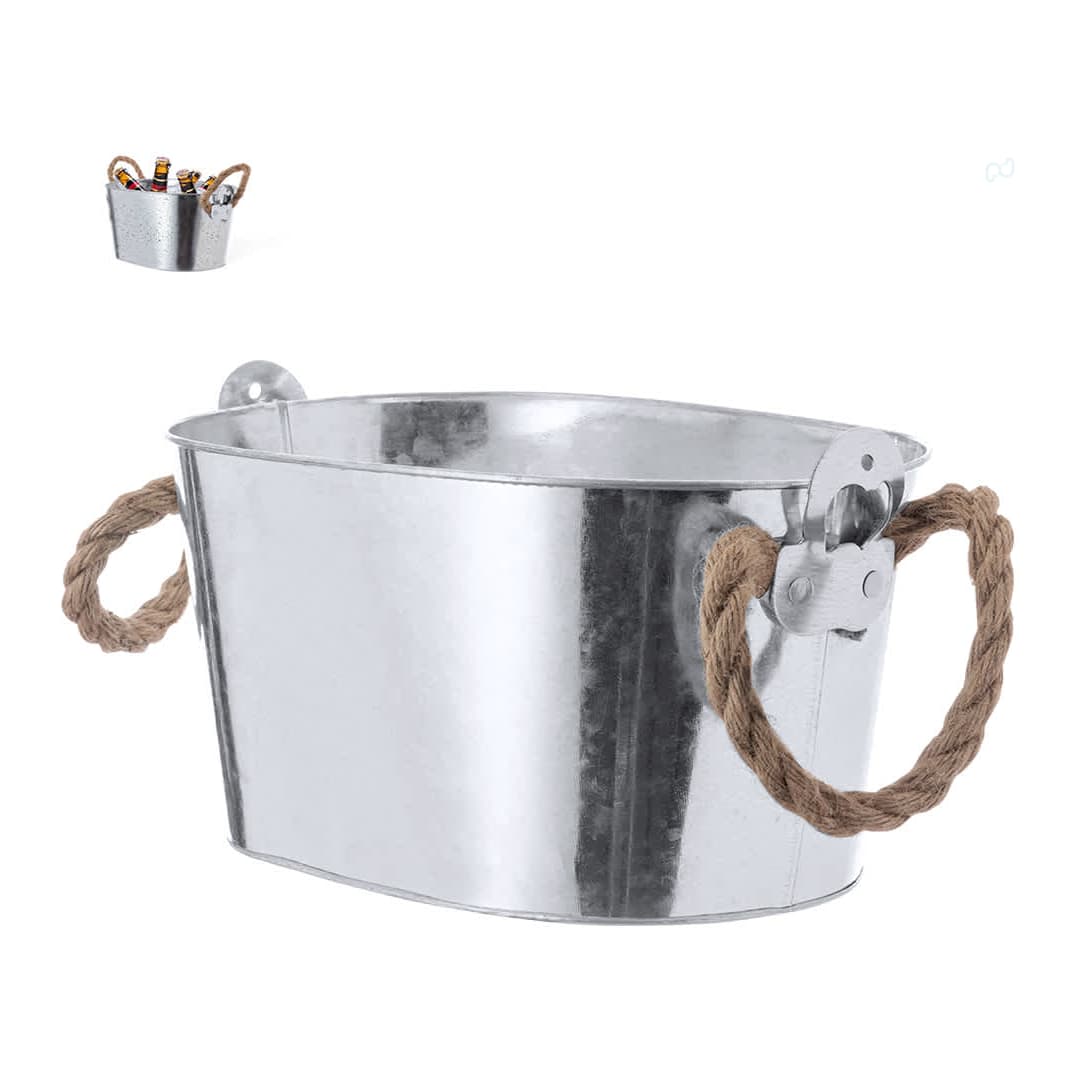 A silver metal ice bucket with rope handles, perfect for leisure and outdoor use. It features a simple design and branding. Yuzux Bucket - Image 1