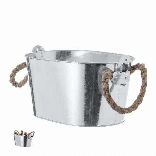 A silver metal bucket with two rope handles, featuring a smooth, shiny surface. Yuzux - Image 1