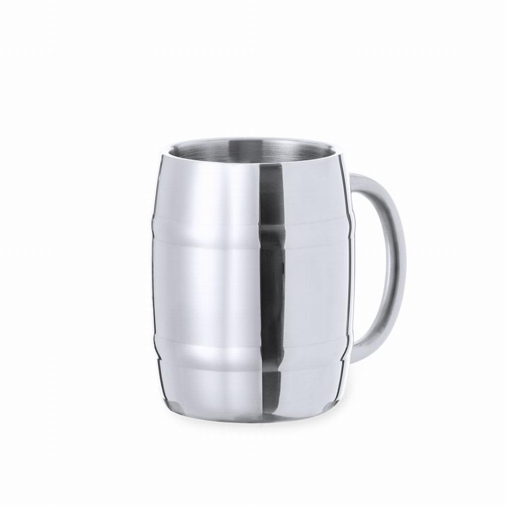 A drink bottle with a metallic silver finish, featuring a sturdy handle and a barrel-like design. Solara - Image 1