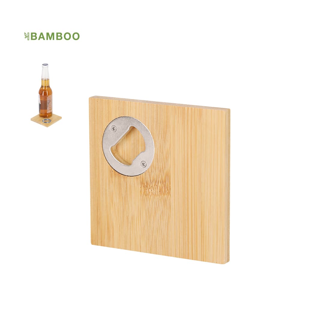 A bamboo coaster featuring a built-in bottle opener, with a sleek, natural finish. Lestral Opener Coaster - Image 1