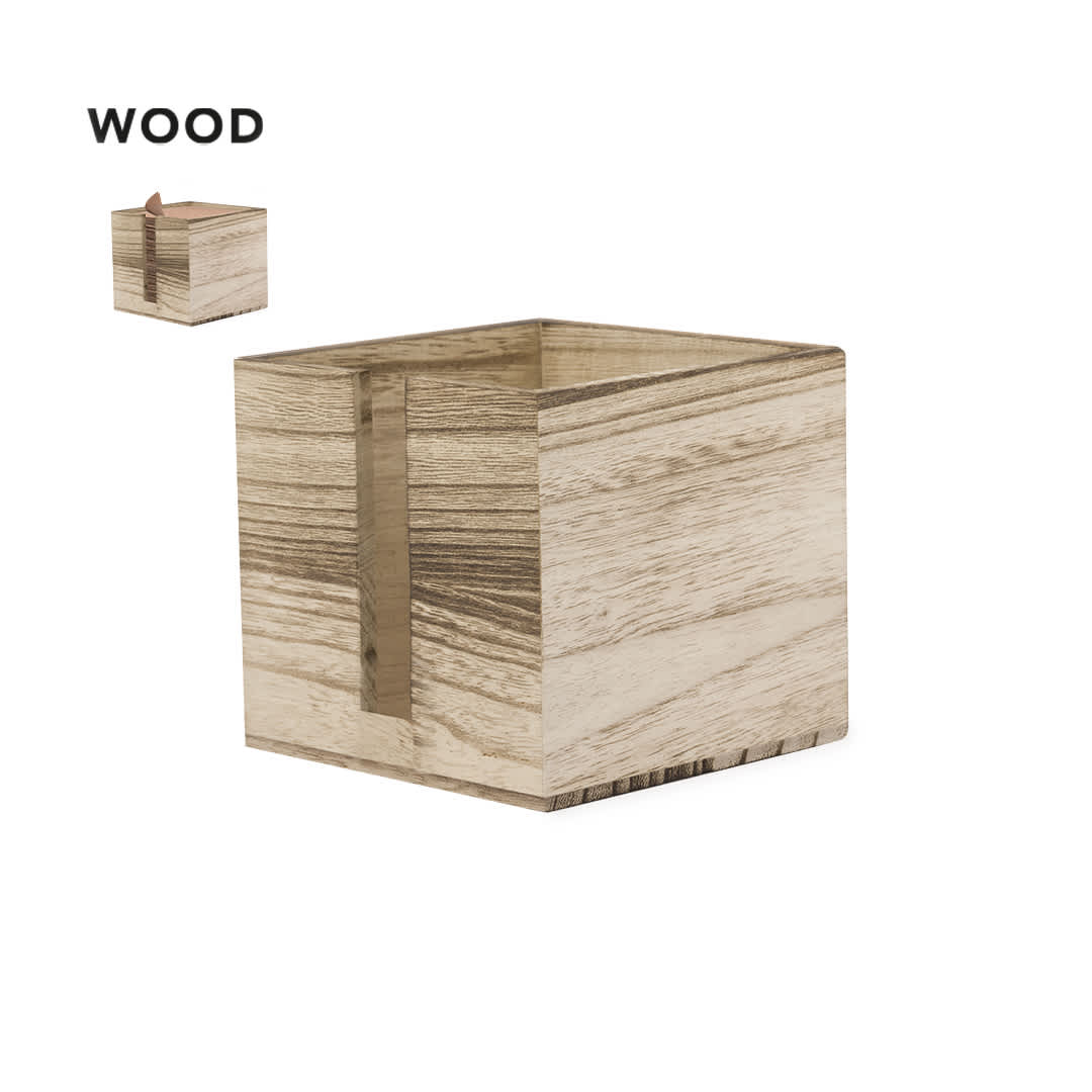 A wooden square napkin holder with a natural finish and a sleek, minimalist design. It includes a branding logo. Yingo Napkin Holder - Image 1