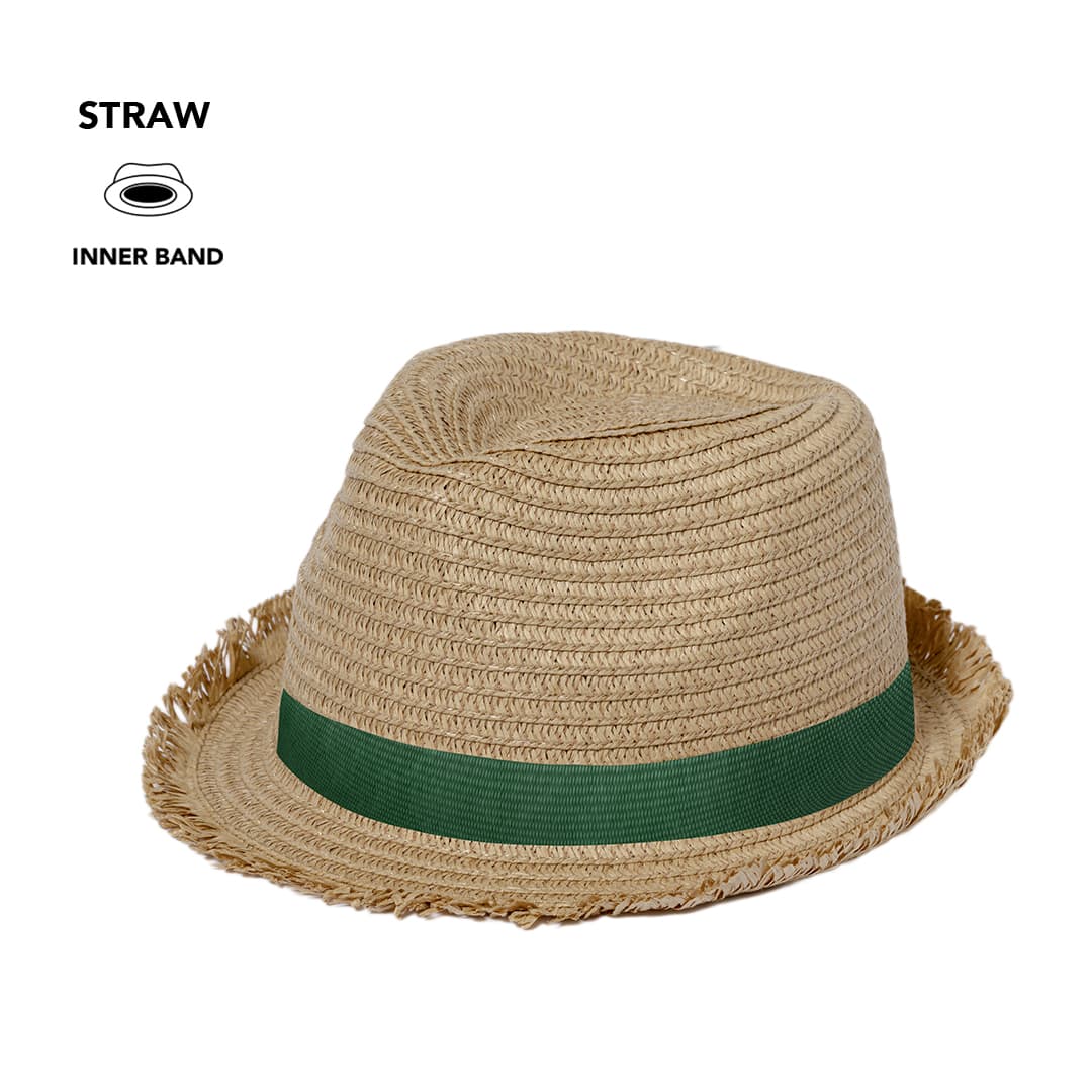A straw hat with a green ribbon band and a frayed brim, featuring a logo on the side. Harmon Hat - Image 1