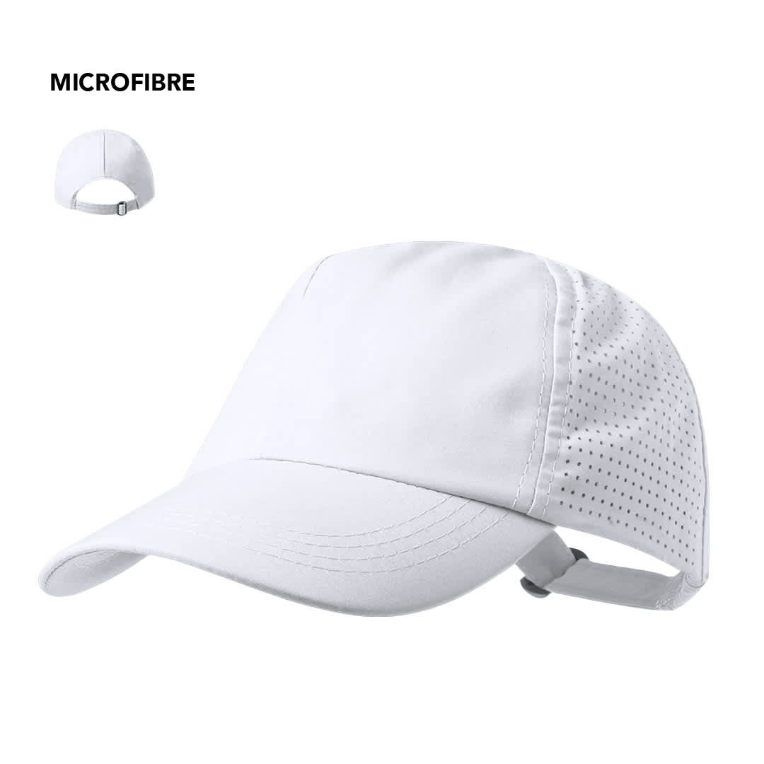 A white cap made of microfibre, featuring a perforated design and an adjustable strap at the back. Karola Cap - Image 1