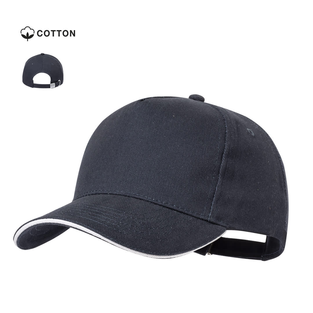 A black cap made of cotton with a curved brim and a logo detail. The cap features a simple design and adjustable strap. Mimax Cap - Image 1