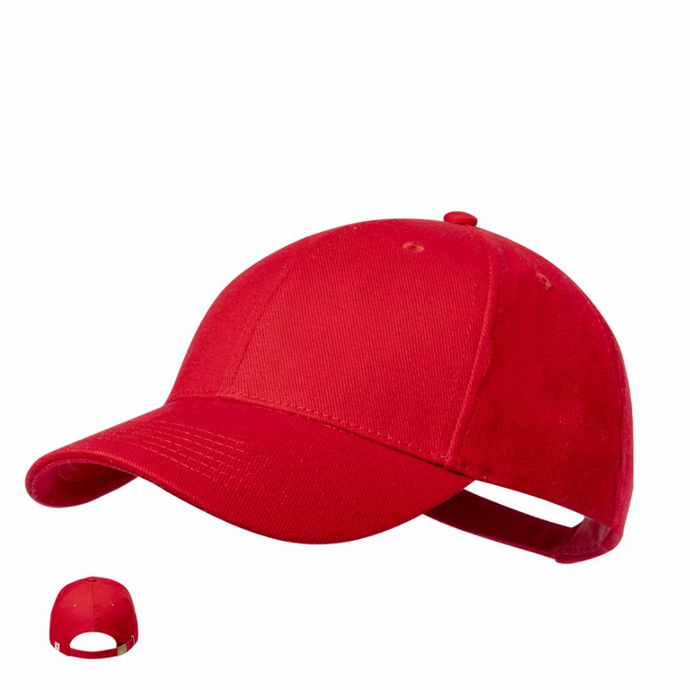 A red cap with a curved brim and an adjustable strap at the back. It features a logo on the front. Calipso - Image 1