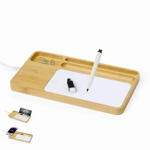A bamboo desk organiser with compartments for stationery, a pen, and a wireless charging pad. Lautrec - Image 1