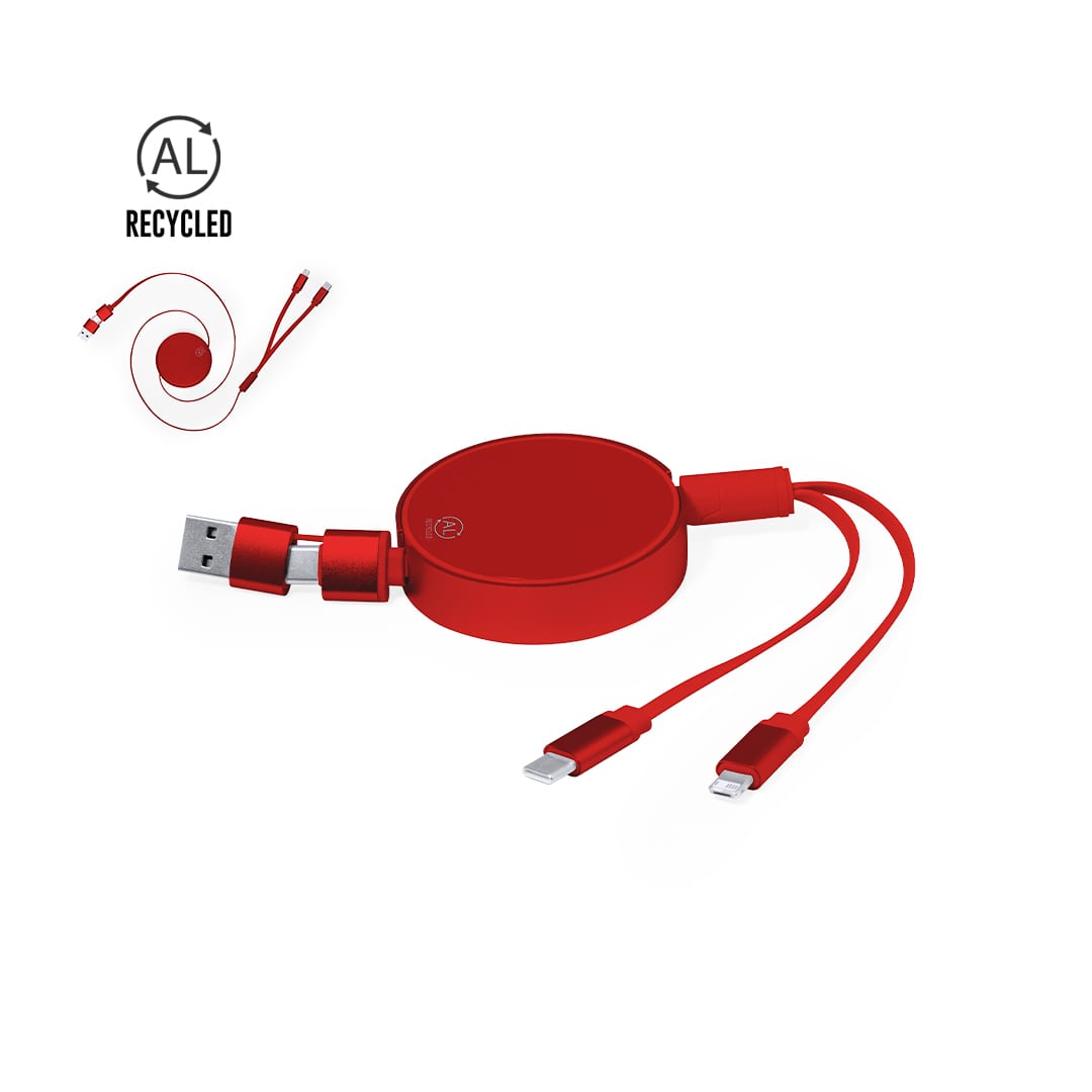 A red charging cable with a circular holder, featuring USB and Lightning connectors, and a logo on the holder. Freud Charging Cable - Image 1