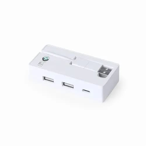 A white multi-port adapter with two USB-A ports and one USB-C port, featuring a logo. Nofler RCS - Image 1