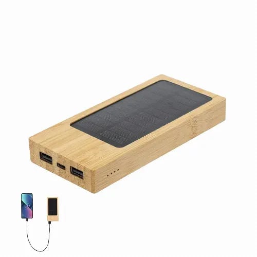 A power bank with a wooden exterior, featuring three USB ports and a solar panel on top. Molden - Image 1