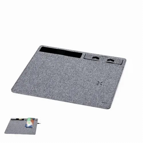 A grey desk organiser mat with compartments for pens and a smartphone. It has a sleek, fabric texture and a logo. Deuz - Image 1