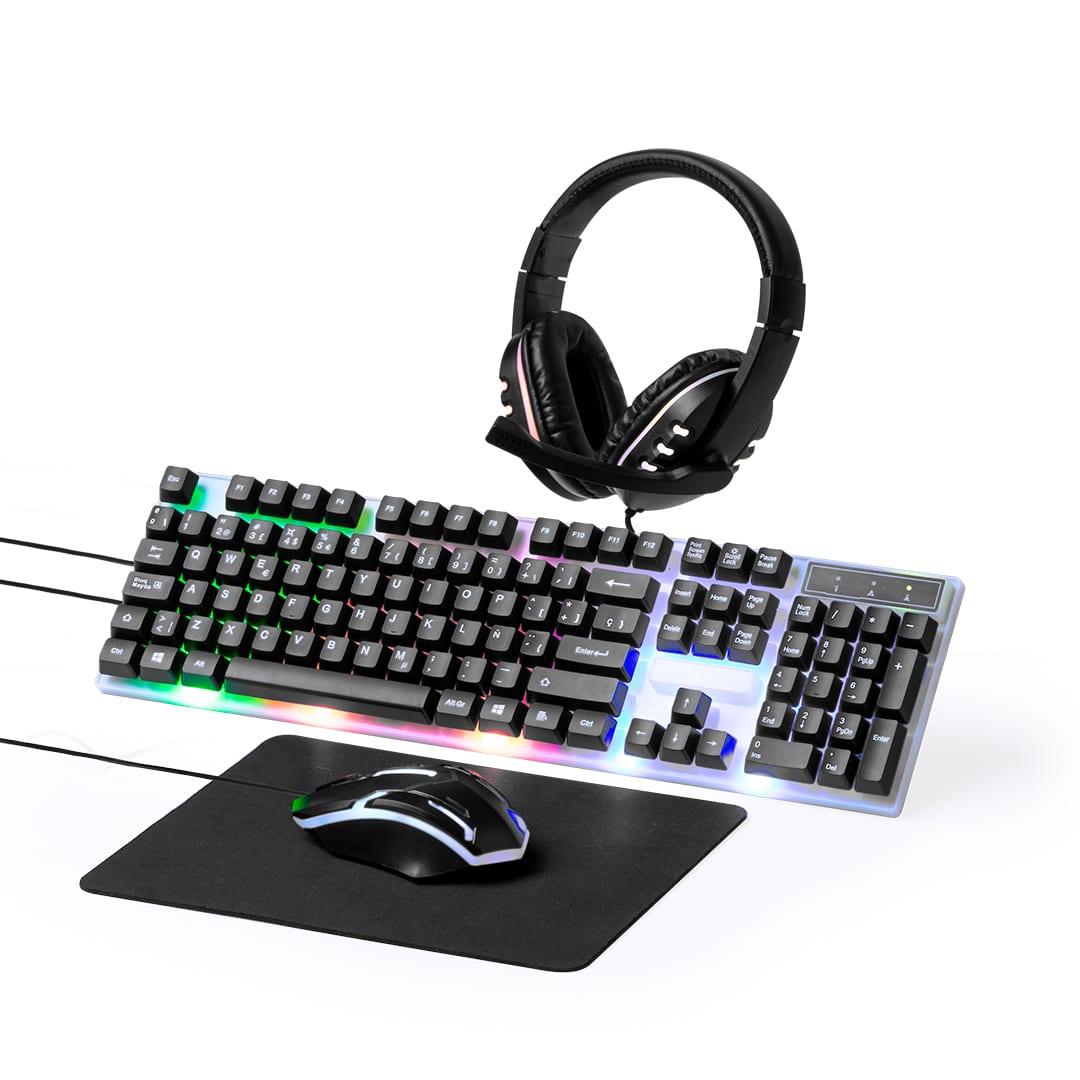 A gaming keyboard with RGB lighting, a mouse, and a headset, all displayed on a black mouse pad. Thrym Gamer Set - Image 1