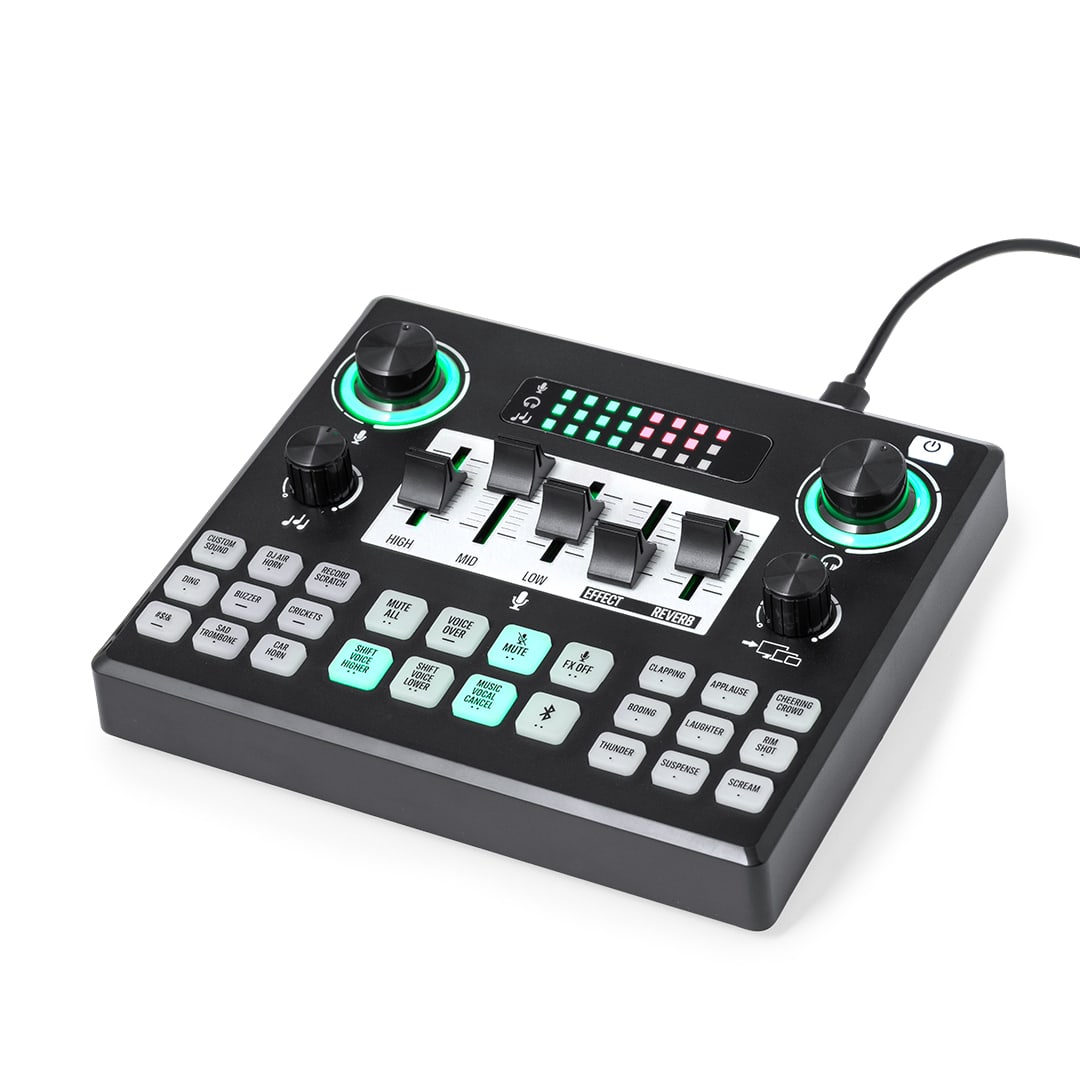 A black and green electronic device featuring buttons, knobs, and a display, designed for audio mixing and control. Valdy Mixer - Image 1