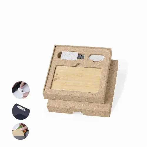 A packaging box containing a bamboo card, USB drive, and RFID protection items. The box is made of brown cardboard. Andigo - Image 1