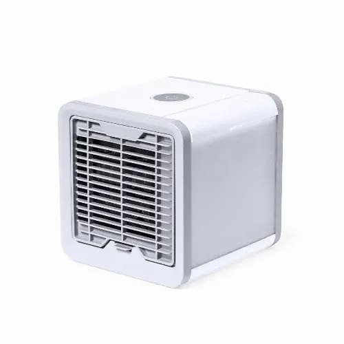 A small, square air cooler in white and grey, featuring a front grille and a control panel on top. Janek - Image 1