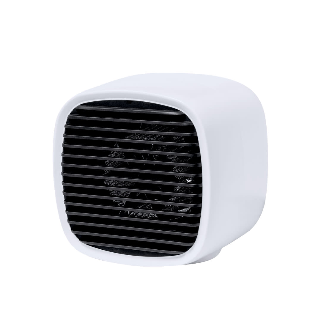 A compact white heater with a black grille front, featuring a square shape and a minimalist design. Durden Mini Heater - Image 1