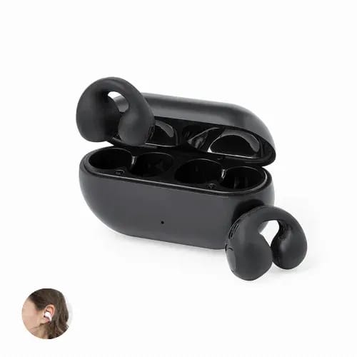 A set of black earbuds in a charging case, with one earbud displayed outside and a small image of the earbud in use. Gemston - Image 1