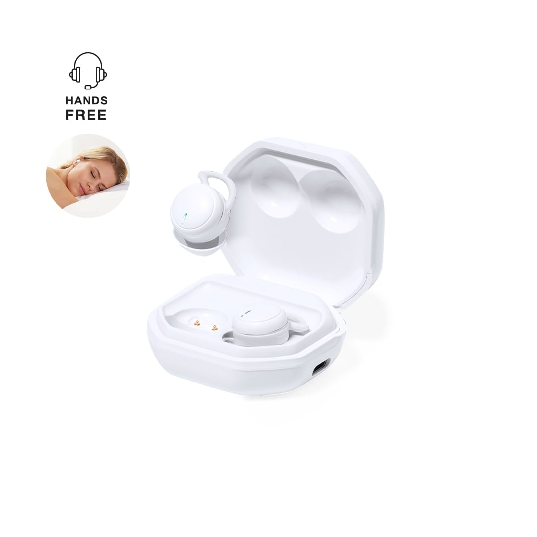 A pair of white Stigo Earphones in a charging case, featuring a logo and hands-free icon. Stigo Earphones - Image 1
