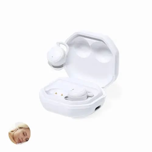 Wireless earbuds in a white charging case, featuring a circular logo. A small image of a person sleeping is also included. Stigo - Image 1