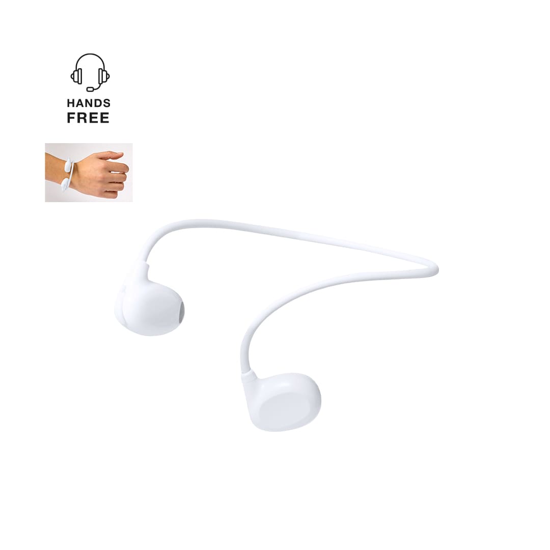 White earbuds with a flexible neckband, featuring a sleek design and a logo. Pulsex Earphones - Image 1
