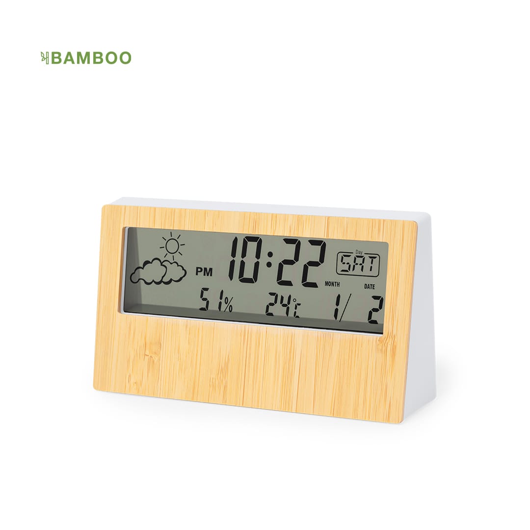 A bamboo and white weather station displaying time, date, temperature, and humidity readings. Roamer Weather Station - Image 1