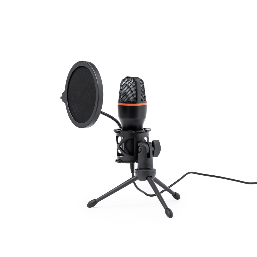 A black condenser microphone with a pop filter, mounted on a tripod stand, featuring a cable connection. Densha Condenser Microphone - Image 1