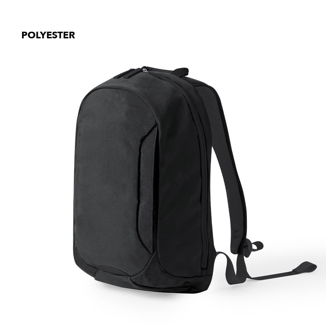 A black polyester backpack with padded straps and a sleek design, featuring a logo on the front. Baggel Backpack - Image 1