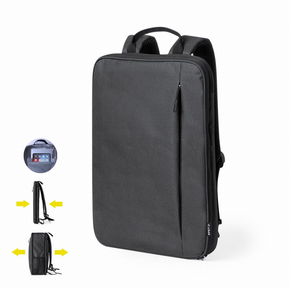 A black laptop backpack with adjustable straps and a sleek design. It features a zip pocket on the front and a logo. Weiter - Image 1