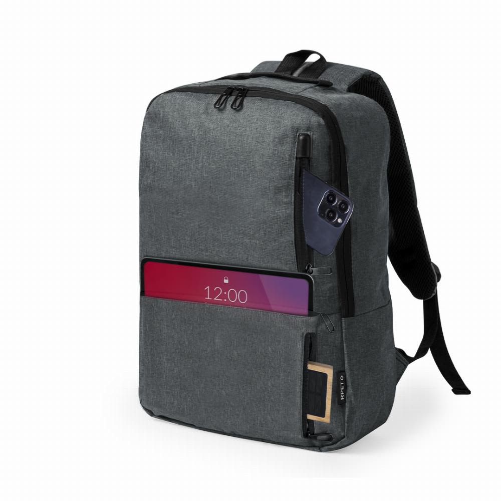 A grey backpack featuring multiple zippered compartments and a pocket for a smartphone. The design is sleek and modern. Ingria - Image 1