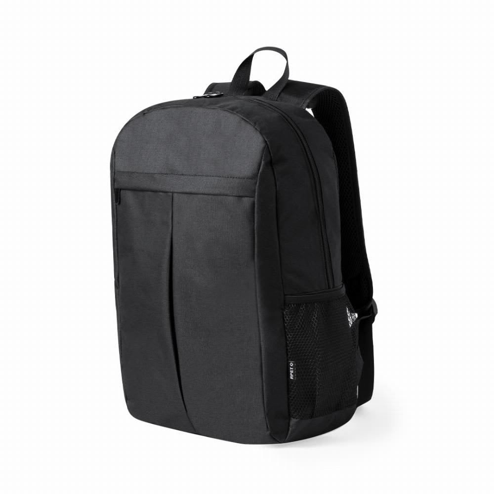 A black backpack with a structured design, featuring a side mesh pocket and adjustable straps. It has a discreet logo. Amurax - Image 1