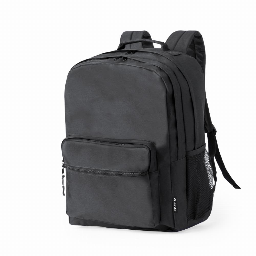 A black backpack with multiple compartments, padded straps, and a side mesh pocket. Features a textured exterior. Bogart - Image 1